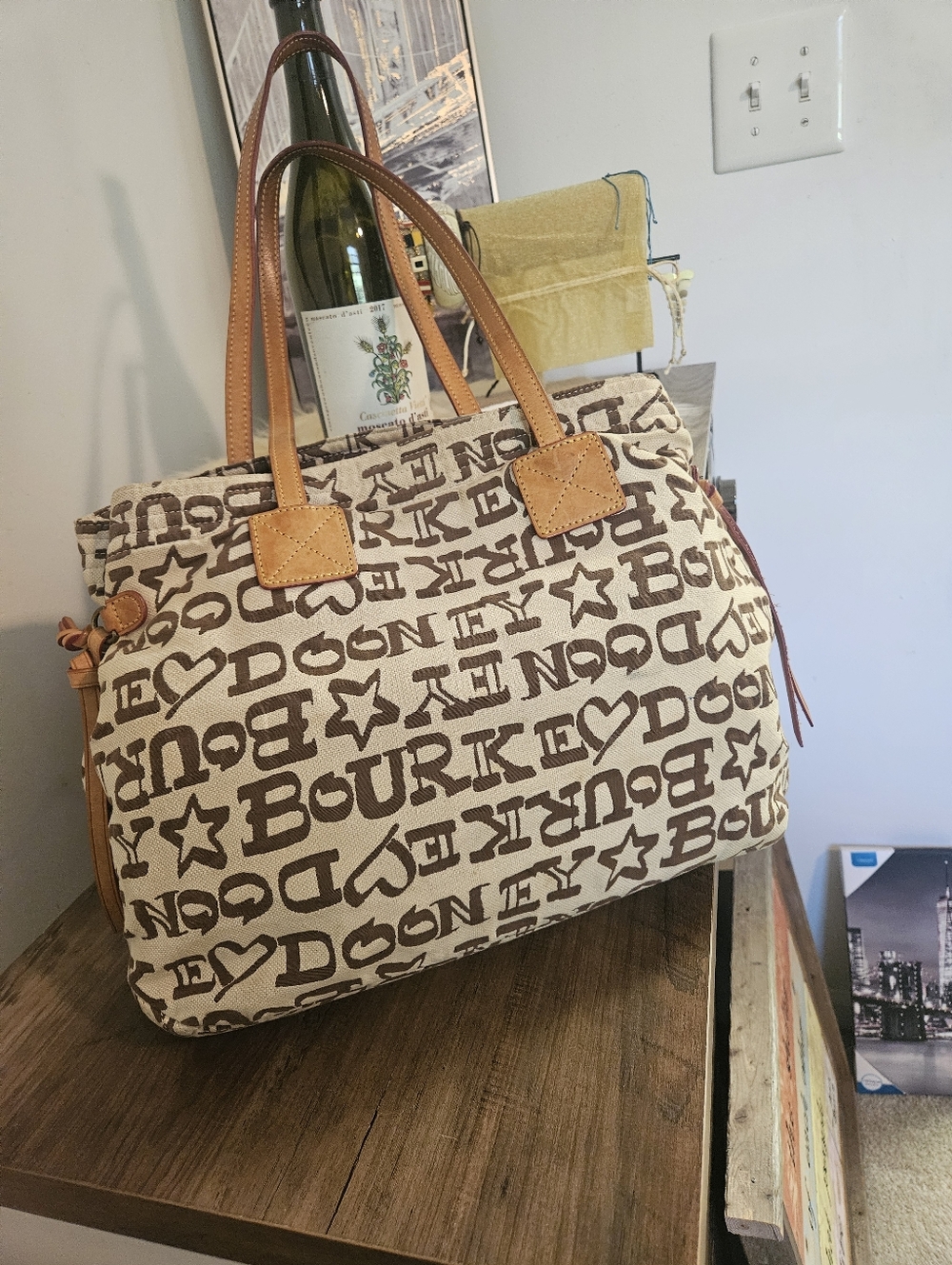 Dooney & Bourke Beige Canvas Logo Satchel with Leather Trim